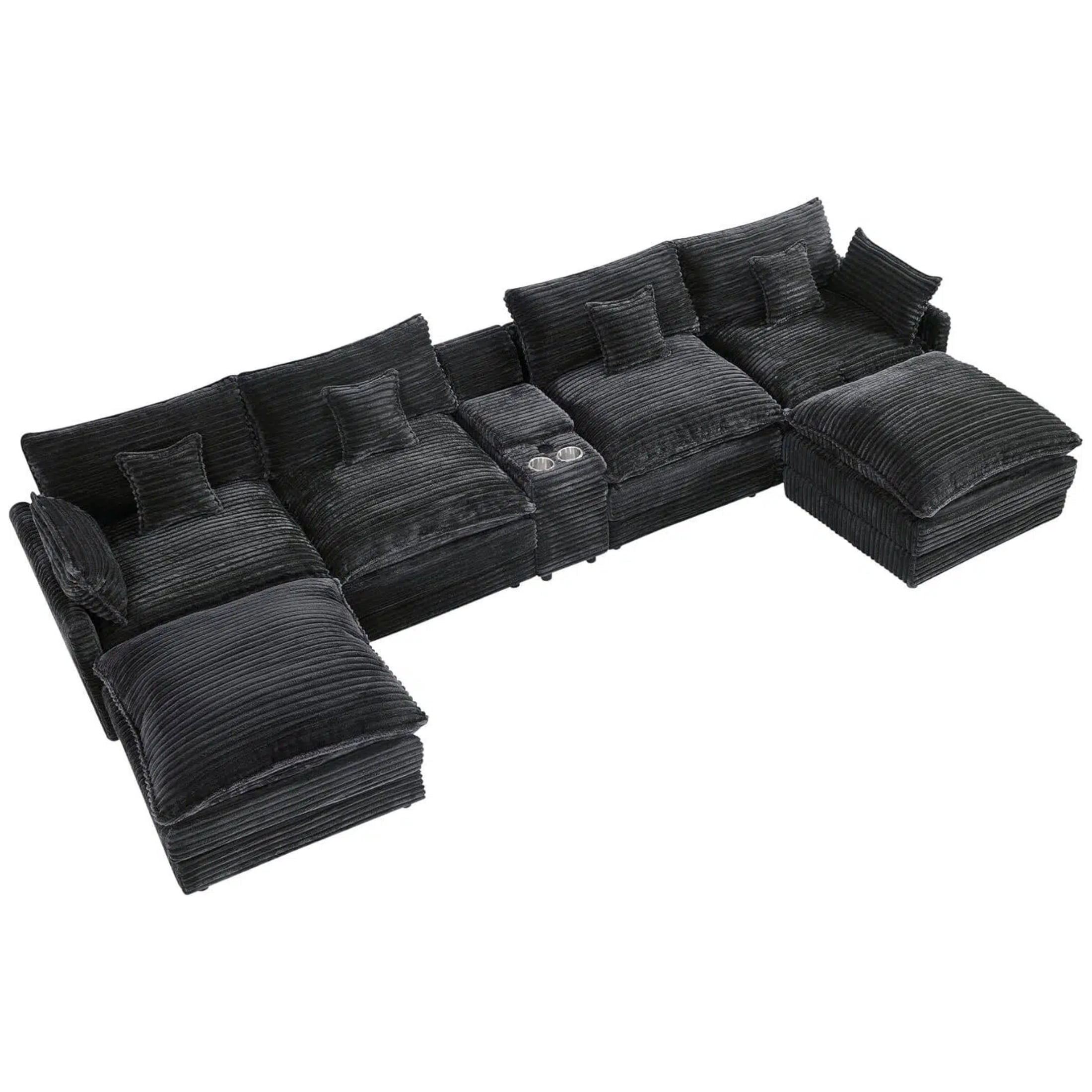 ANPPORT Luxury 145" U Shaped Cloud Modular Sectional Sofa, Corduroy Deep Seat Couch with Storage Console, USB Ports & Cup Holders for Living Room, Grey