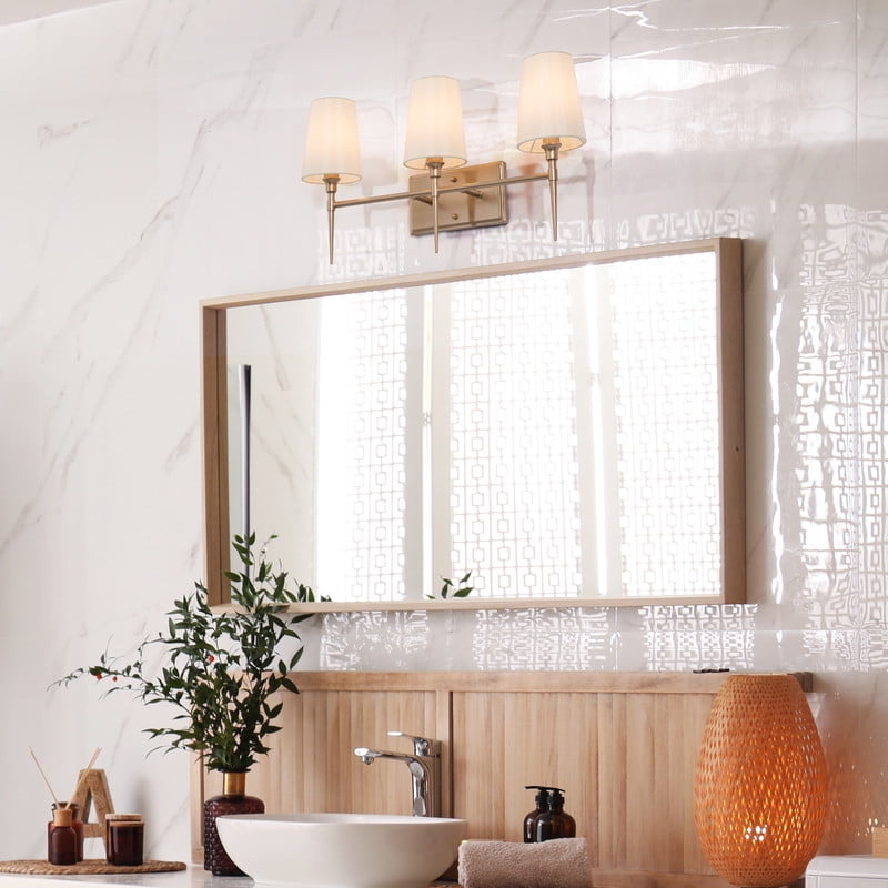 LNC Transitional 3-Light Gold Vanity Light with Fabrics, 23-Inch Bathroom Wall Fixture