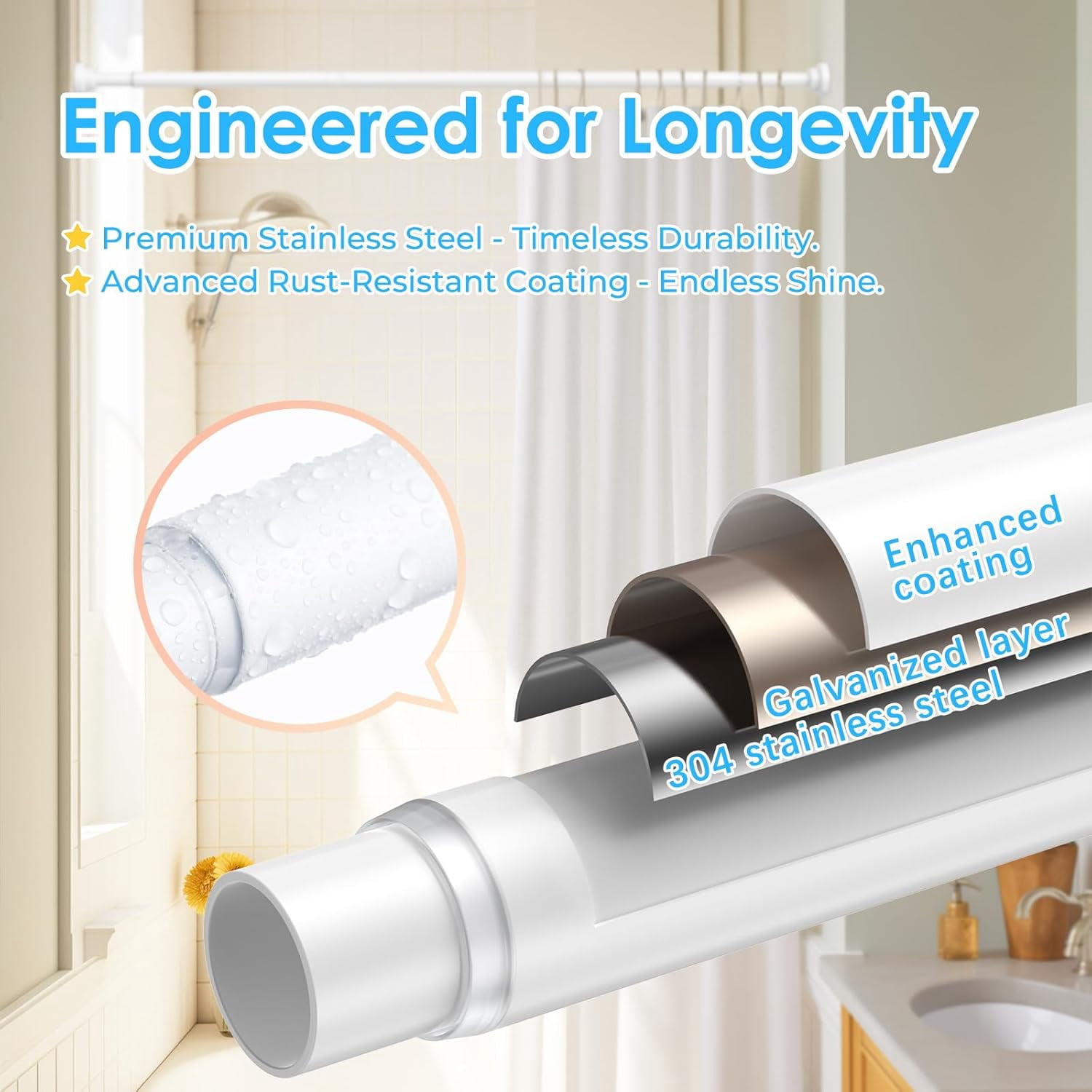 Tension Shower Rod 29-63 Inch, 1 Inch Diameter White Tension Curtain Rod Adjustable Curtain Rod Non-Drilling, Anti-Slip Tension Rod, Anti-Rust Shower Curtain Rod