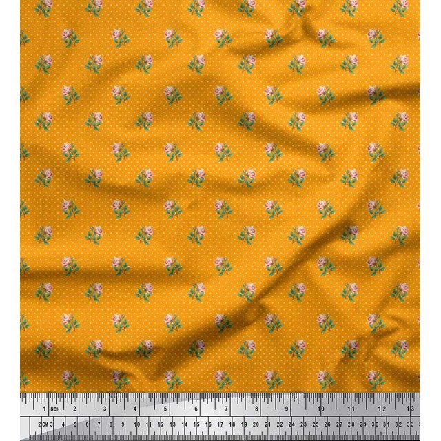 Soimoi Polyester Crepe Fabric Dot,Leaves & Rose Floral Decor Fabric Printed Yard 52 Inch Wide