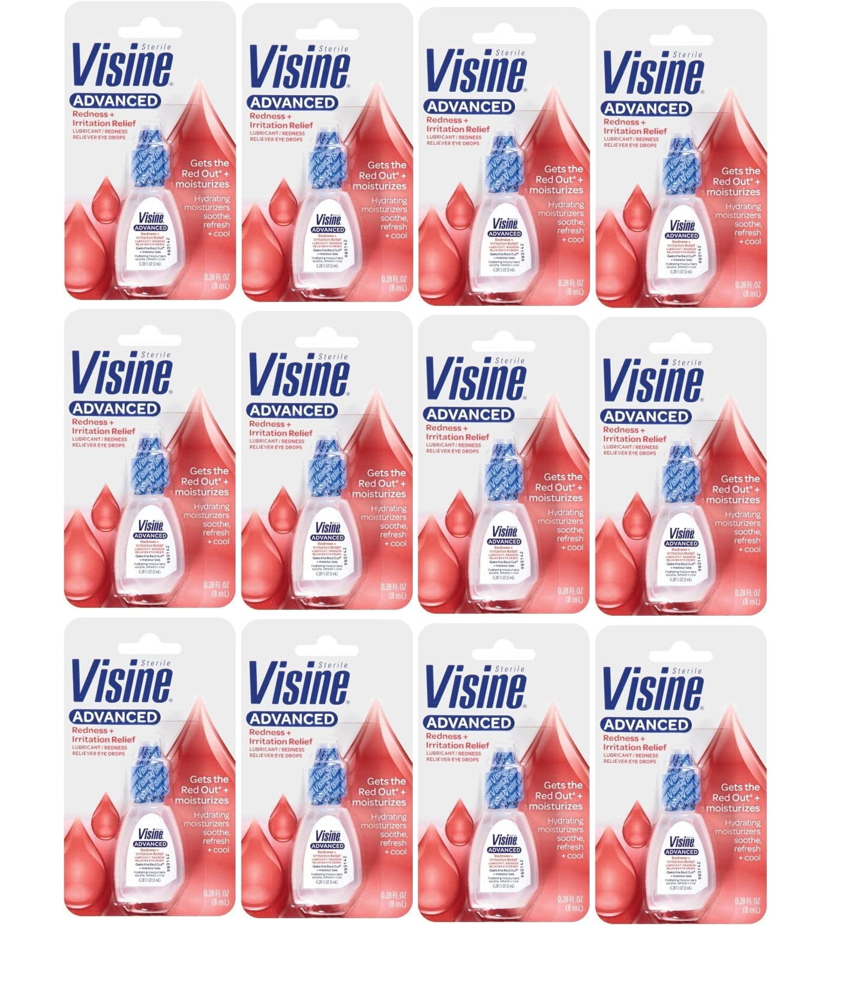 12 Pack of Visine Advanced Relief Redness Reliever Eye Drops, 0.28 Fluid Ounce