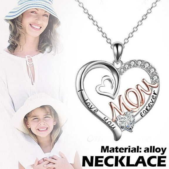 FurNest Silver Love Heart Mom Pendant Chain Necklace Cubic Zircon Mum