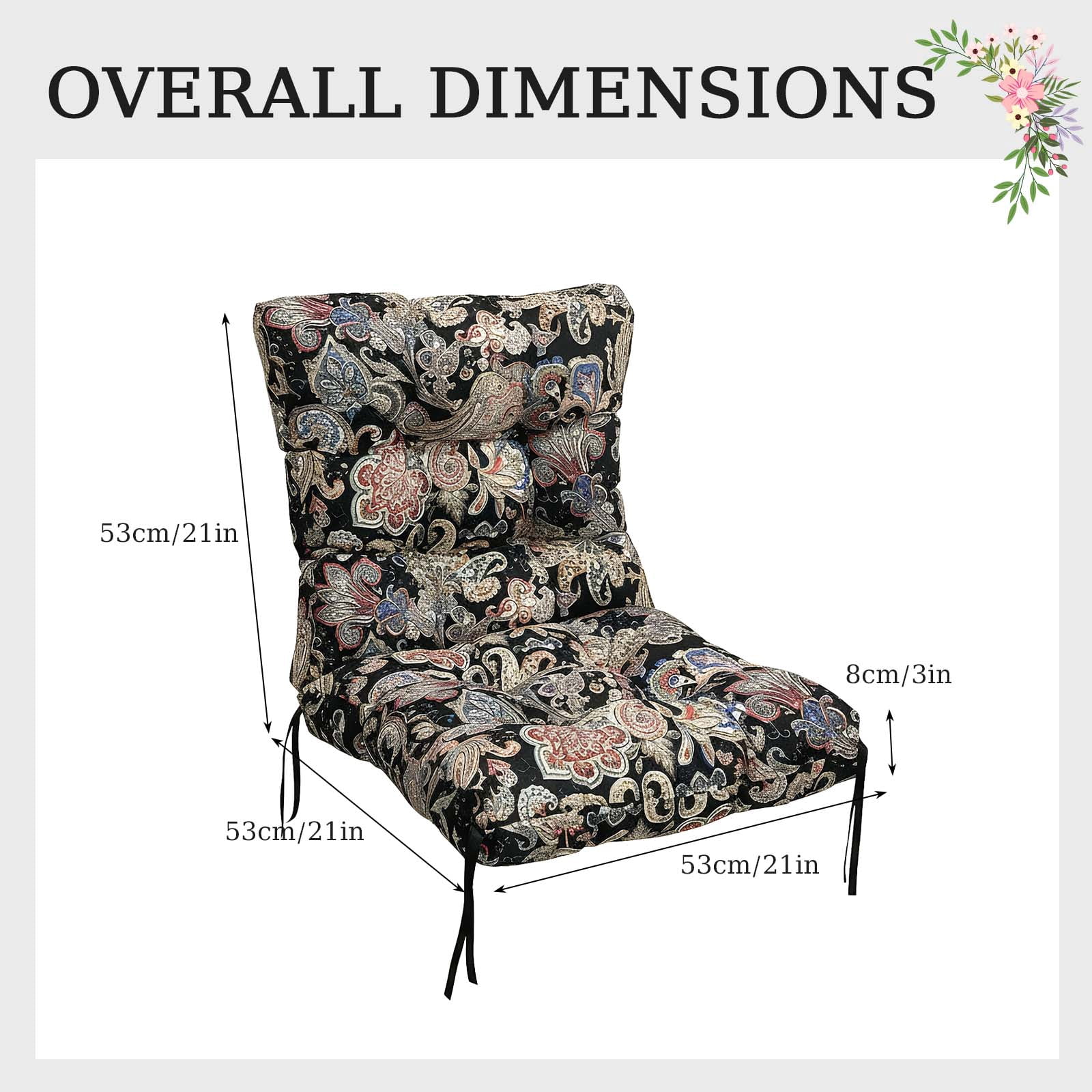 Eurhowing Waterproof Patio Rocking Chair Cushions 1-Piece, 3" Thick Outdoor Chair Cushion with Ties, Non-Slip Seat Pad for Garden Lawn Furniture, 1Pack, Black Floral