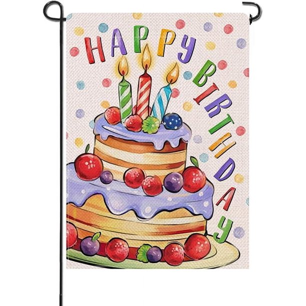 Bandera decorativa pequeña para jardín con diseño de pastel de feliz cumpleaños, ideal para fiestas de cumpleaños, decoración exterior de patio y césped, con lunares de arpillera, doble cara, 30 x 45