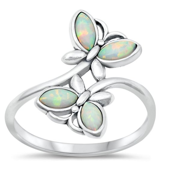 CHOOSE YOUR COLOR White Simulated Opal Promise Ring .925 Sterling Silver Butterfly Band CZ Female Size 10