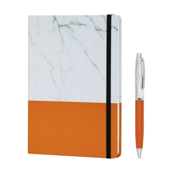 CrownLit A5 Size Marble Pattern Notebook Diary Set, Metal Pen, Gift Box, Elastic Strap, Assorted (as per selection) (Orange)