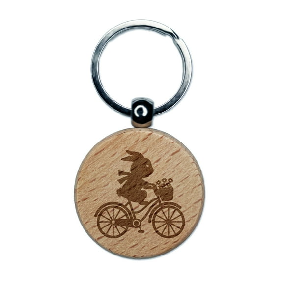 Rabbit Bunny on Bike Round Keychain Charm Tag - Engraved Wood