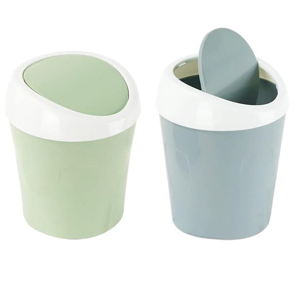 2 botes de basura pequeños, mini botes de basura de escritorio, mini botes de basura de plástico de mesa con tapa abatible y bolsas de basura para oficina, baño, cocina (azul, verde)