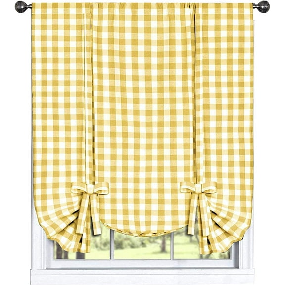 Woven Trends Farmhouse Curtains Kitchen Décor, Buffalo Plaid Shades, Classic Country Plaid Gingham Checkered Design, Farmhouse Décor, Window Curtain Treatments (Yellow, Tie-Up Shade)