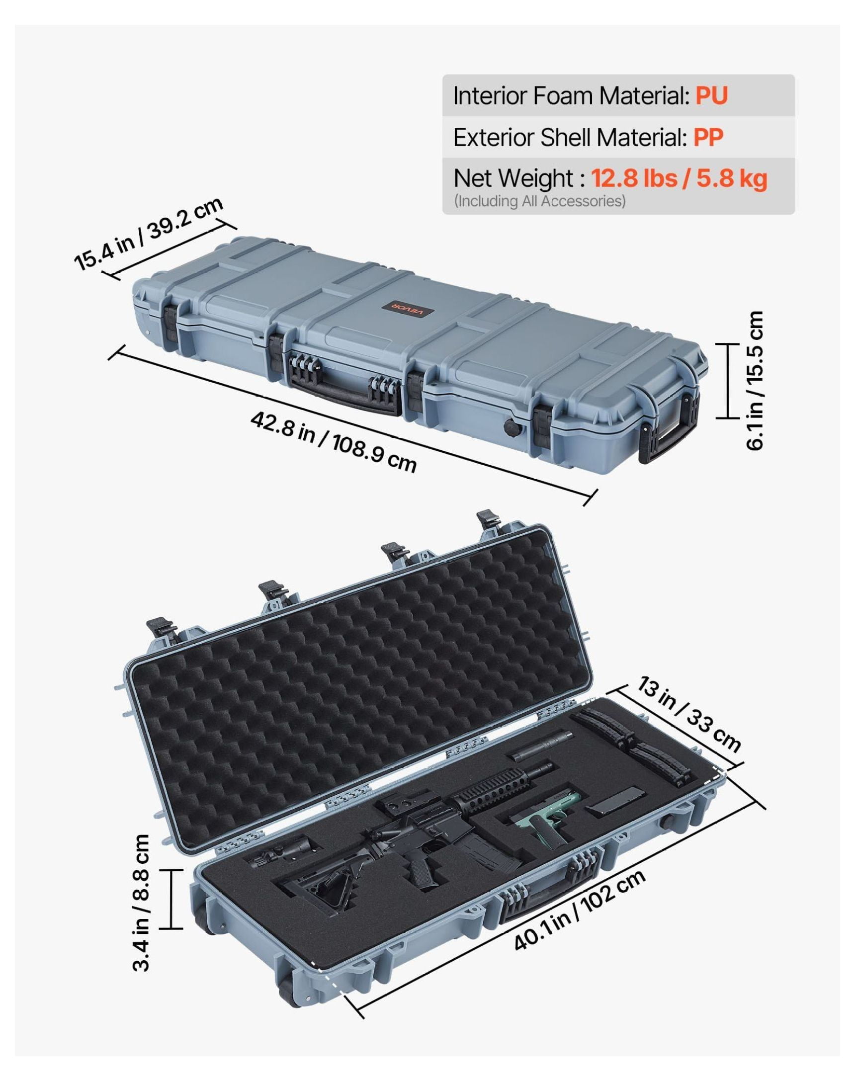 Rifle Case Lockable with Wheels, 40in Gun Storage, Waterproof Hard Case for Rifles Shotguns, Pre-Cut Foam Interior, Portable Pistol Case - Grey