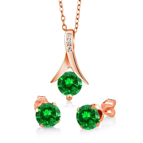 Gem Stone King 2.40 Ct Round Simulated Emerald 18K Rose Gold Plated Silver Pendant and Earrings Jewelry Set 18 inches Chain