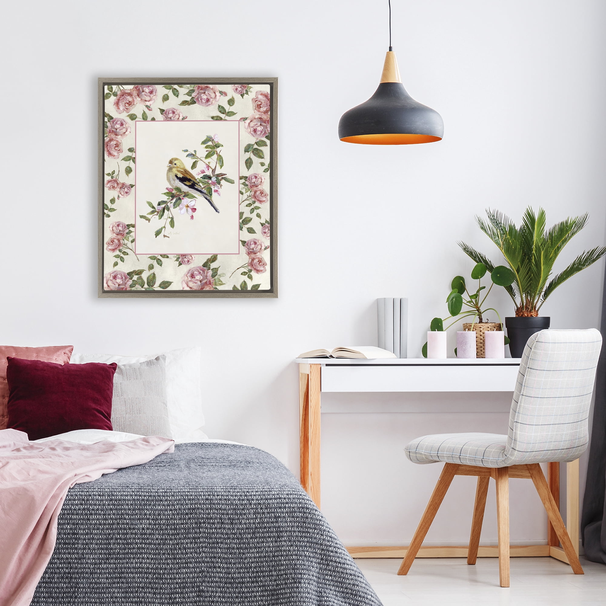 Stupell Industries Perched Bird with Dainty Roses Brown Framed Floater Canvas Wall Art, design by Sally Swatland