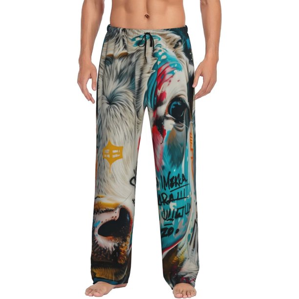 Balery Colorful Graffiti Cow Pantalones de pijama para hombre, pijama ultraligero, pantalón de descanso-Large