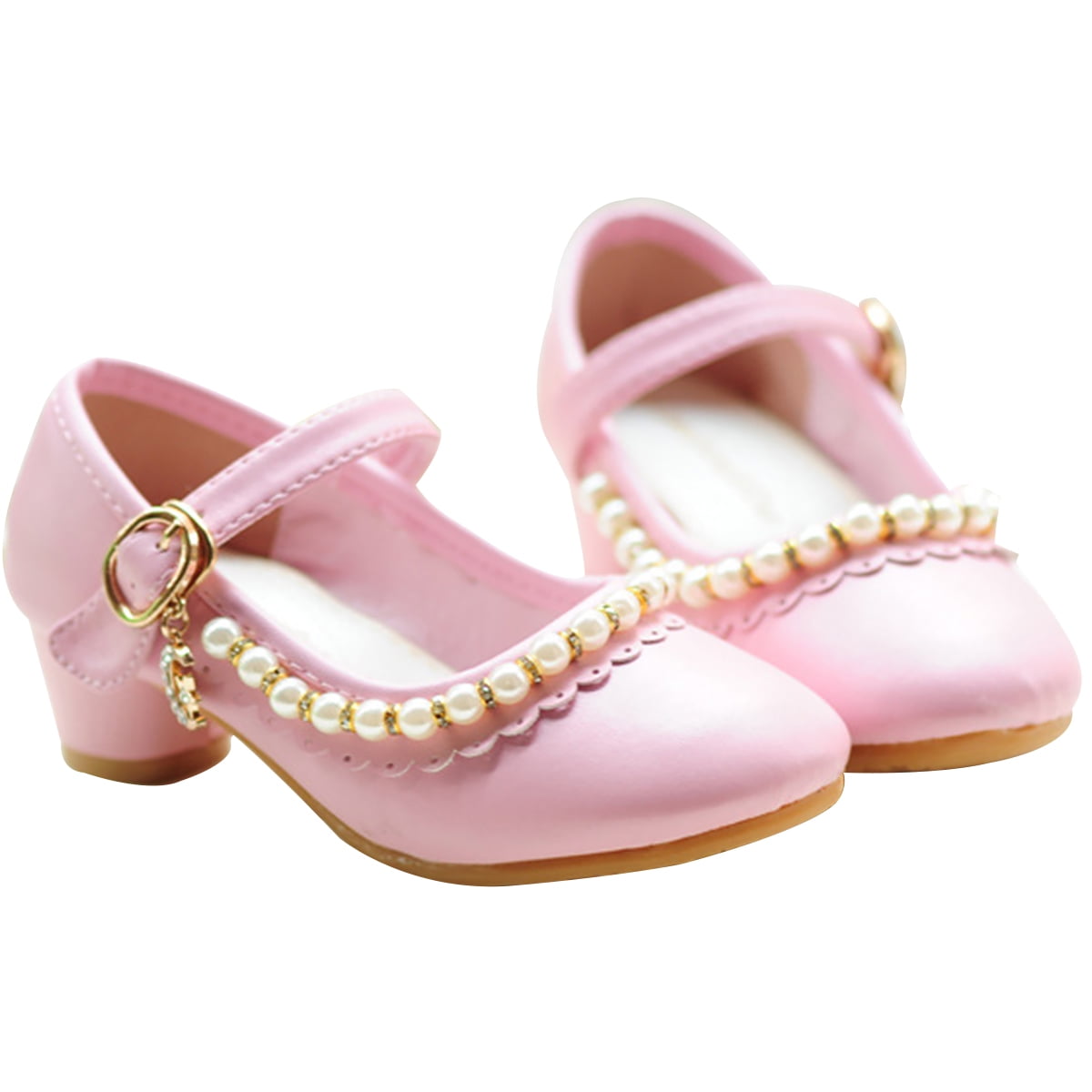 Kids Girls Glitter Cute Pearl Bowknot Princess High Heel Flower Sandals Shoes sz 