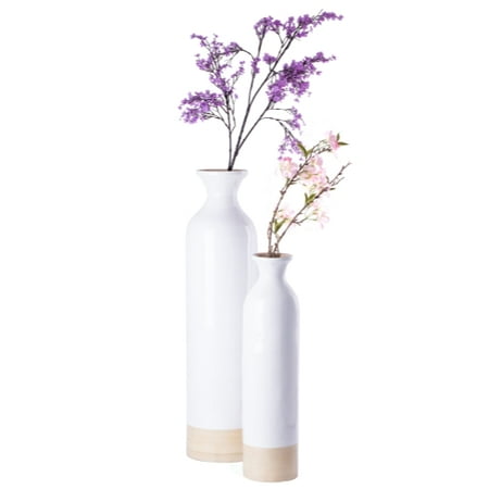 Extra Large White Floor Vase Cylinder Shaped Tall Spun Bamboo Floor Vase Glossy White Lacquer and Natural Bamboo Finish, Set of 2 ()