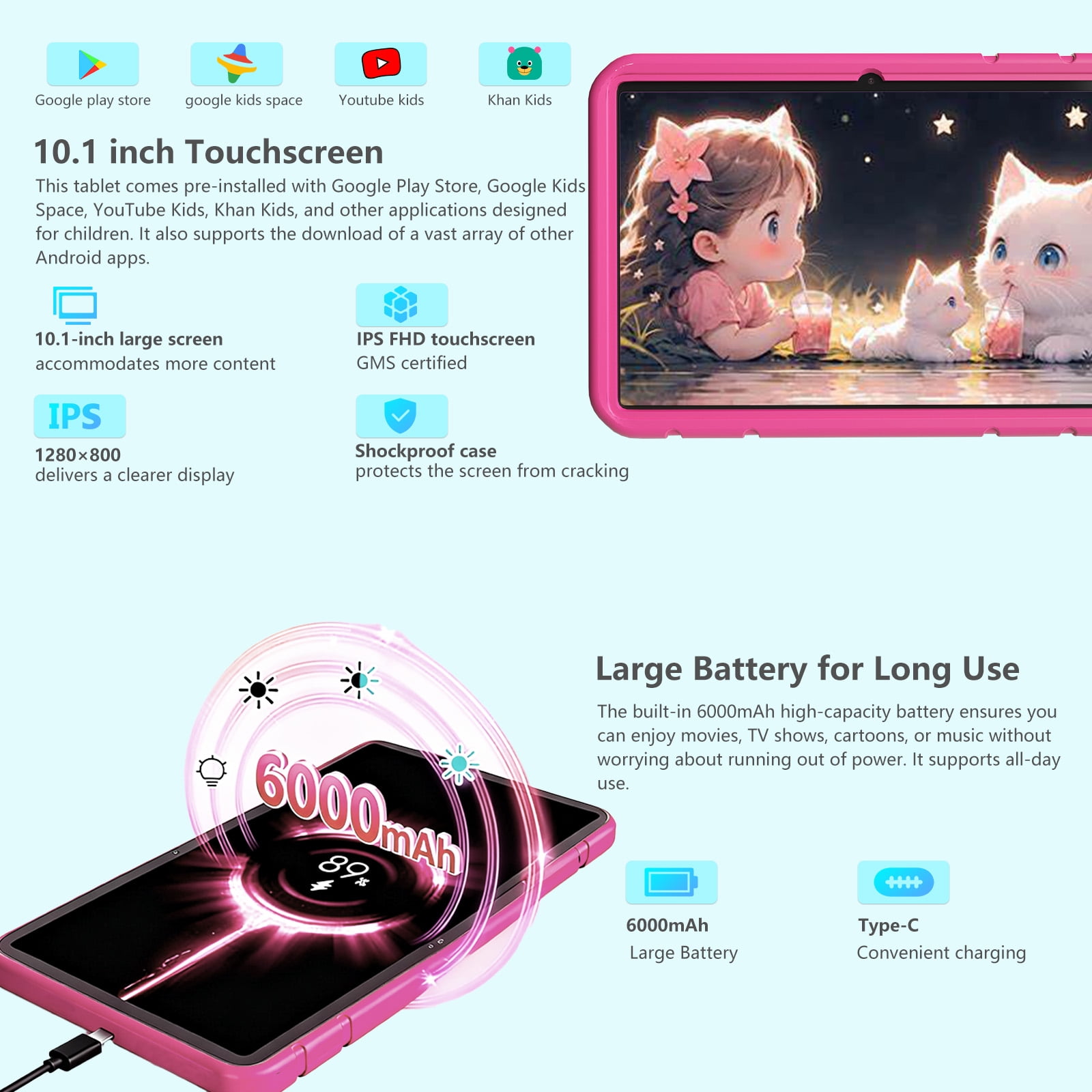 Kids Tablet 10.1 inch Android 15 Octa-Core Tablets with Drop-proof Case, 20GB ROM 128GB, 1TB TF Card Expandable, Parental Control, WiFi 6 and Bluetooth, Pink