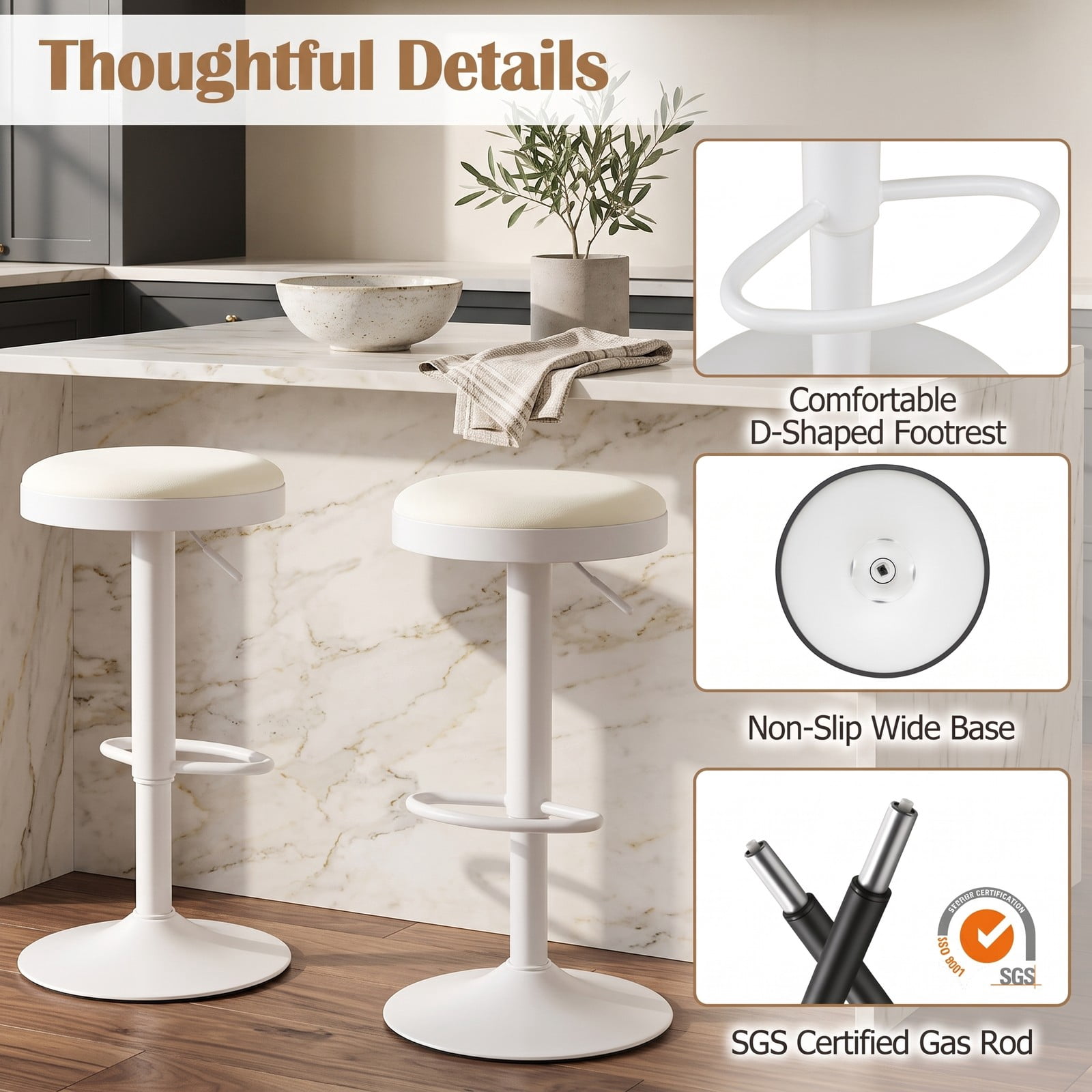 Furnibear Set of 2 Adjustable Kitchen Bar Stools, 360 Swivel Counter Stools with Soft Padded Fabric Seat, D-Shaped Footrest and Non-Slip Base, 330 lb, White