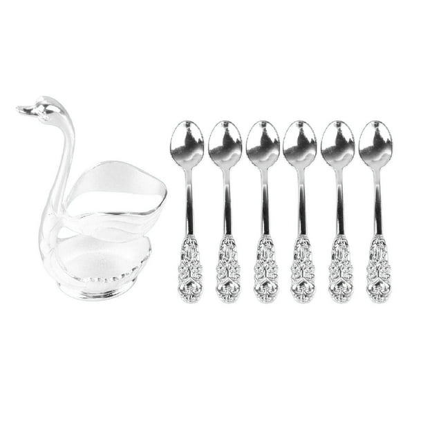 Soporte para cuchara de café Elegante en forma de cisne Aleación Espejo Polaco Detalles ricos Soporte para agitadores de café para fiesta Café Oficina Soporte blanco plateado con cuchara