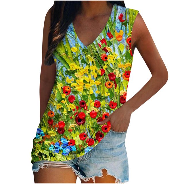Camiseta holgada sin mangas con cuello redondo y estampado de flores informales de verano para mujer Pompotops lopia994404