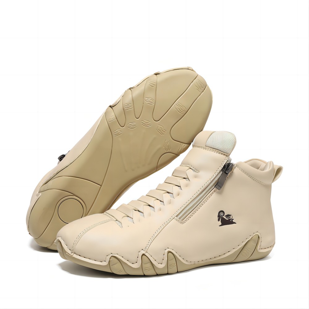 Men's Casual Loafers Leather Hand-stitched Lightweight Non-Slip Breathable Hiking Outdoor Soft Flat Boots Mid-Top Shoes Beige 9.5 US