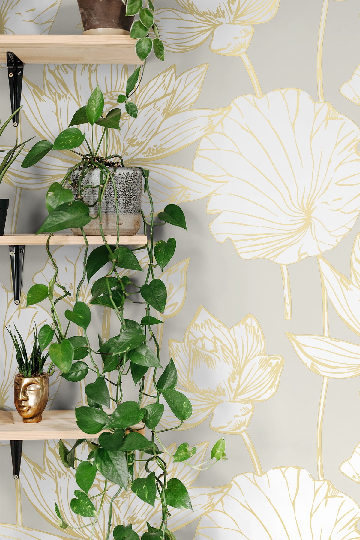 NextWall Metallic Gold & Grey Lotus Floral Peel and Stick Wallpaper - 20.5 in. W x 18 ft. L Roll