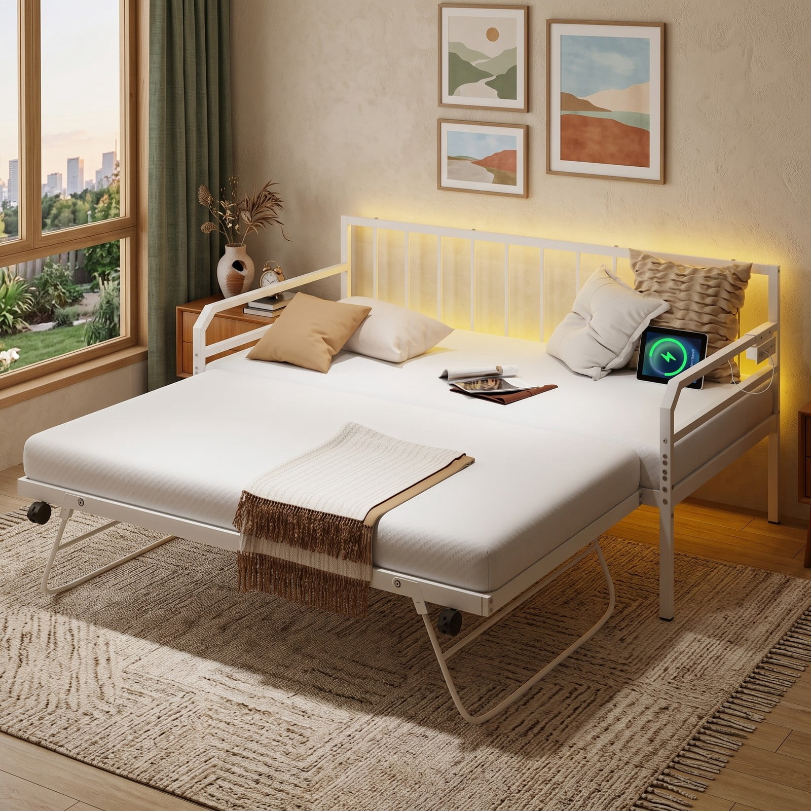 Furnibear Twin Metal Daybed with Pop-Up Trundle, Built-In Charging Station and LED Light for Bedroom and Guest Room, White