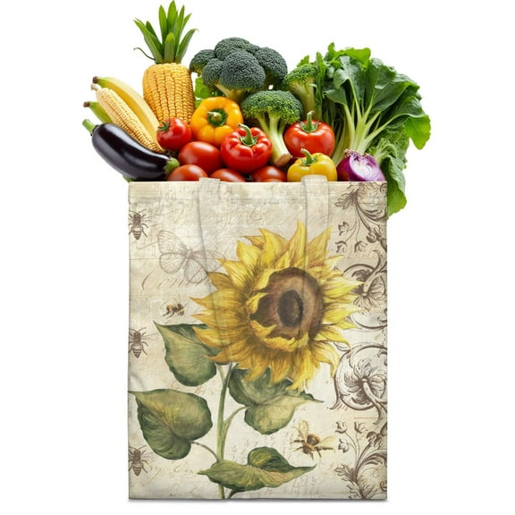 Sunflower Print Reusable Grocery Tote Bag – Vintage Boho Farmhouse Canvas Shopping Bag with Watercolor Floral Design, Beach, Picnic, Summer & Fall