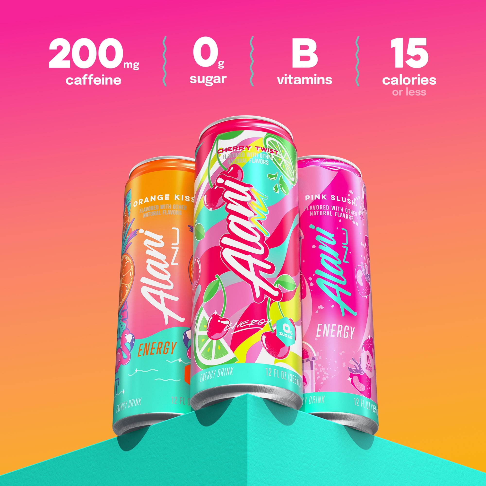 Alani Nu Sugar Free Energy Drink, Variety Pack, Pink Slush, Orange Kiss, Cherry Twist, 12 fl oz, 12 Pack, Cans, 200mg Caffeine