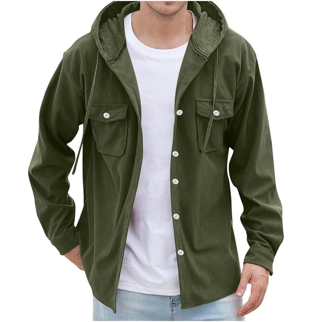 Plebaso Mens Hooded Corduroy Shirts Button down Jacket Casual Long Sleeve Drawstring Outwear with Pockets