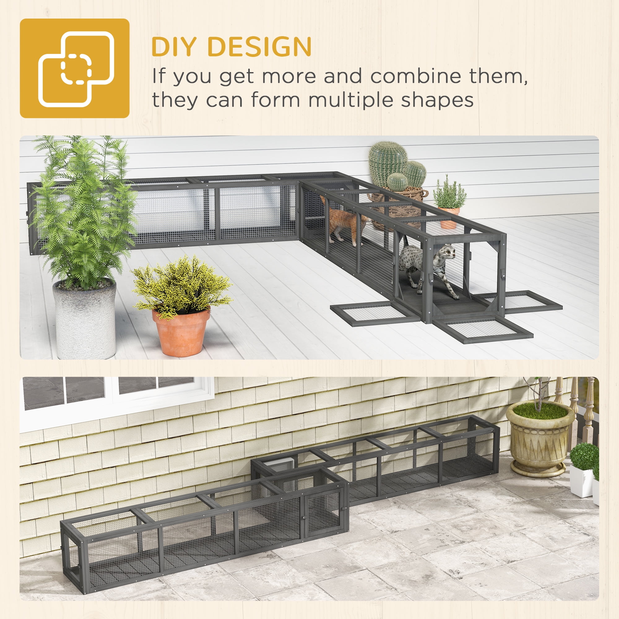 Dog Bed PawHut Outdoor Cat Tunnel with Extendable Design, 79" L Wooden Cat Run with Weather Protection, Connecting Inside and Outside, for Deck Patios, Balconies, Dark Gray,Large Dog Bed