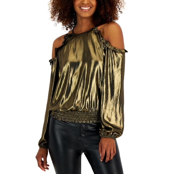 INC International Concepts Womens Metallic Cold Shoulder Ruffle Trim Blouse Gold S