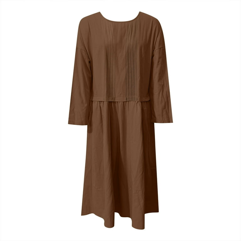 SMihono Women's Cotton Linen Long Sleeve Midi Dress Loose Fit Casual Plain  Pleated Round Neck Flowy Dresses with Pockets Coffee XL - Walmart.com