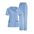 thumbnail image 2 of Scrub Sets for Woman Two Piece Nurse Working Uniforms V-Neck Short Sleeve Tops & Elastic Waistband Scrub Pants with Pockets Light Blue S-3xL, 2 of 9