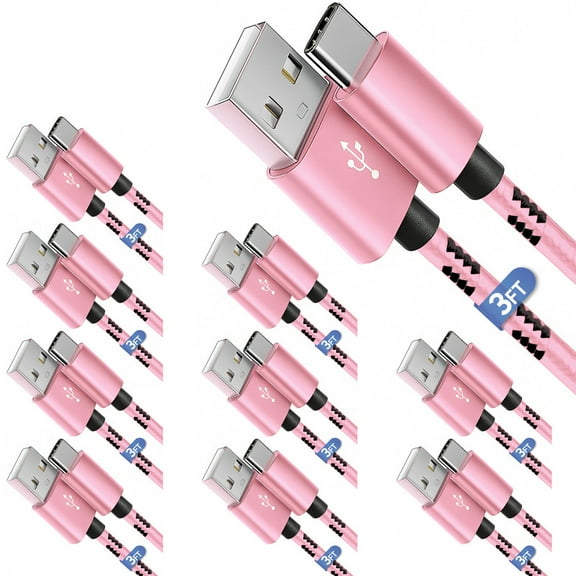Afflux 10 Pack USB-A to USB-C Fast Charger Braided Type C Cable Compatible with iPhone 17 / 16 / 15 Pro Max Plus Air, Samsung Galaxy S25 S24 S23 Ultra, Google Pixel, iPad Pro, Universal (3ft, Pink)