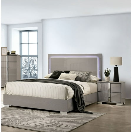 Contemporary Style Light Taupe Queen Size Bed 2x Nightsands 3pc Set Chrome Legs Wooden UV Finish Bedroom Furniture