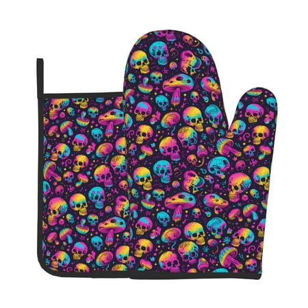 

Junzan rainbow color mushroom Skull Pattern Oven Mitts and Pot Holders 2 pcs Set Potholders BBQ Gloves Long Kitchen Oven Glove for Cooking Baking Grilling (2-Piece Set 11 Inch)