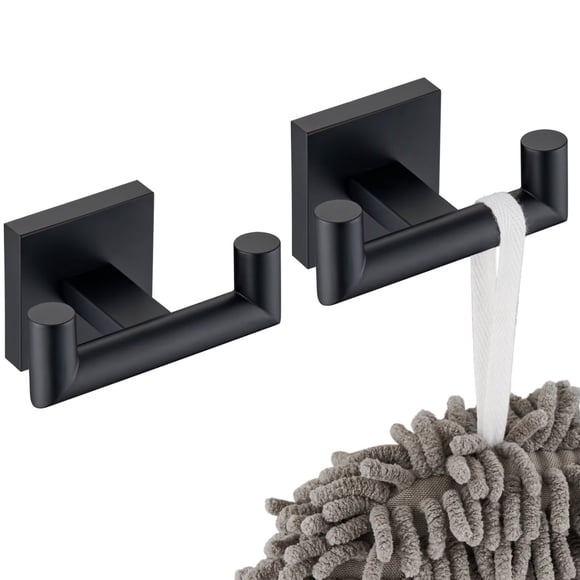 KOKOSIRI Robe Hook Bathroom Double Towel Coat Hooks Matte Black for Bath Kitchen Wall Mounted, 2 Pack Stainless Steel B1015BK-P2