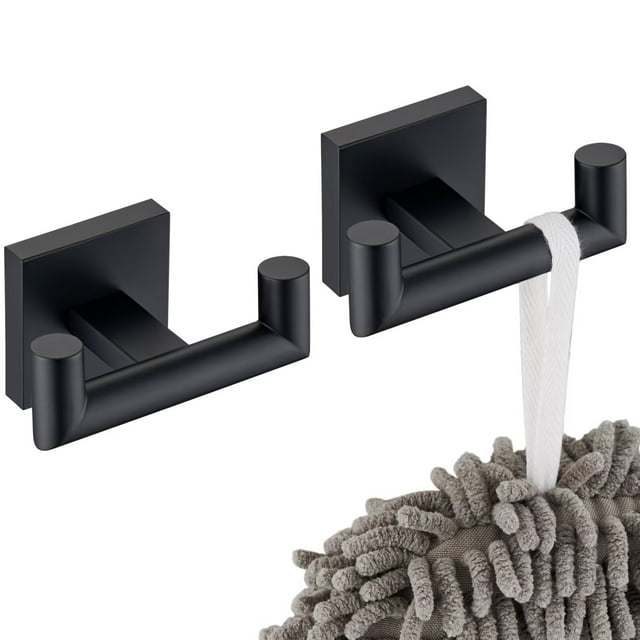 KOKOSIRI Robe Hook Bathroom Double Towel Coat Hooks Matte Black for Bath Kitchen Wall Mounted, 2 Pack Stainless Steel B1015BK-P2