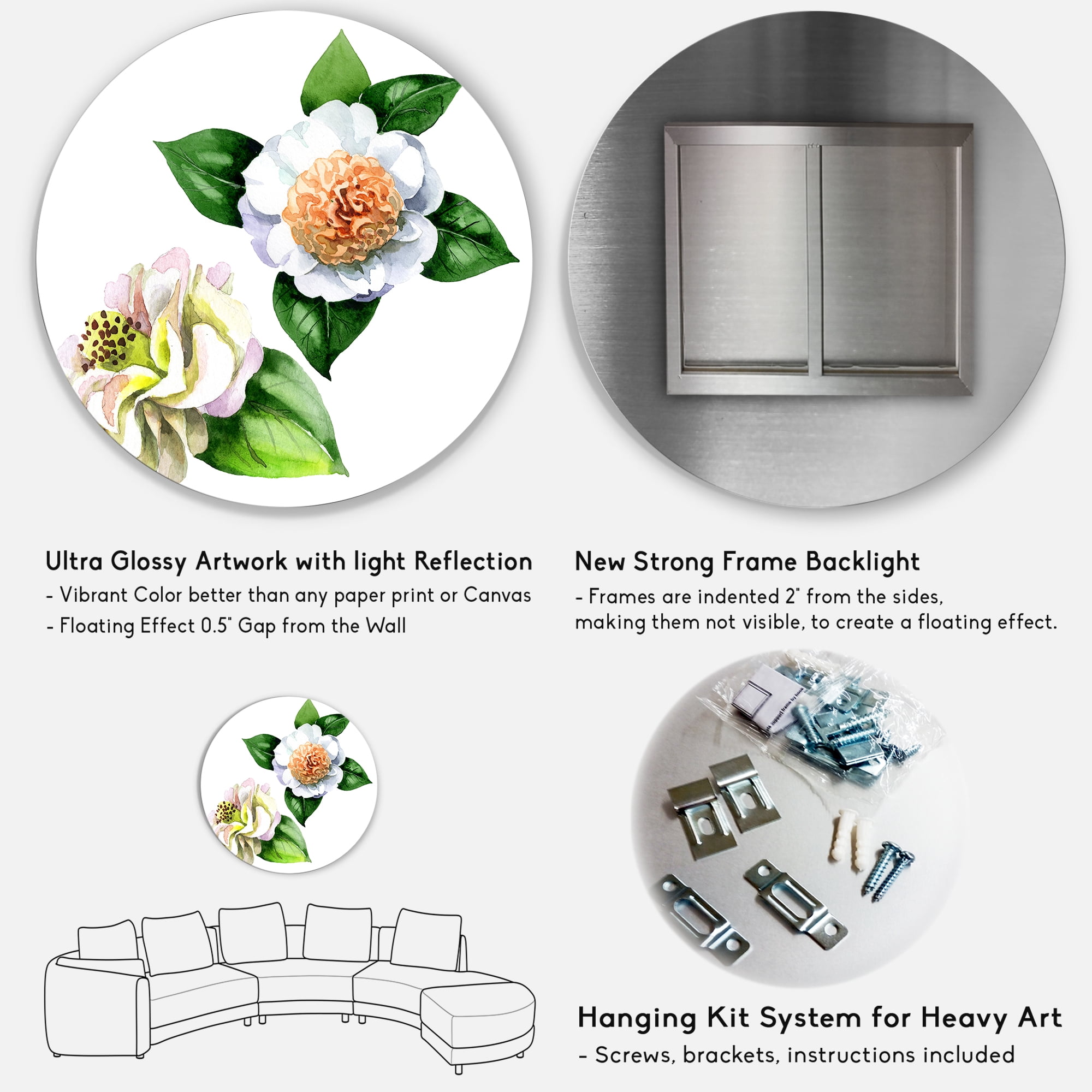 Designart 'Ancient White Camellia Flowers With Green Leaves' Traditional Circle Metal Wall Art 36x36 - Disc of 36