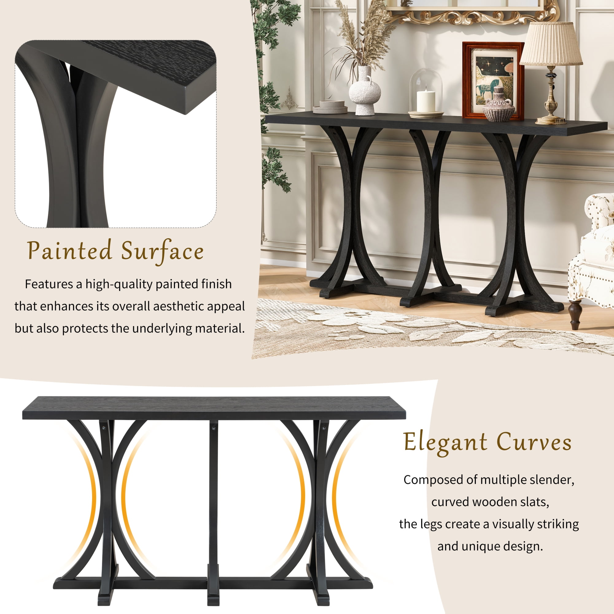 HOQBN 59.8'' Wooden Console Table,Farmhouse Entryway Table with Wood Legs for Living Room,Entryway,Hallway, Dining Spaces,Black