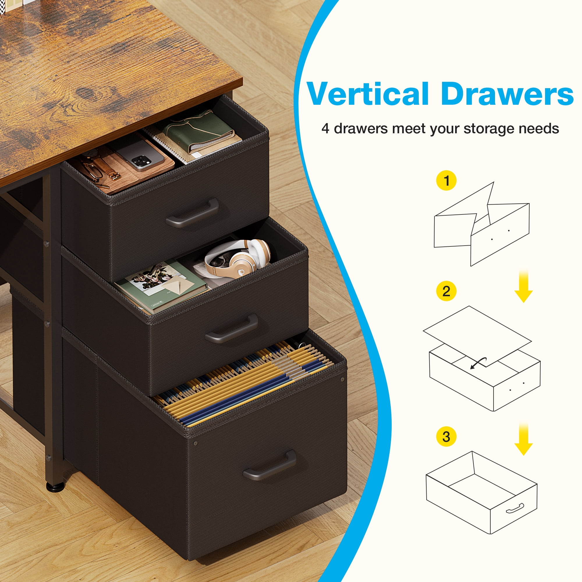 51 Inch Computer Desk with File Drawers & USB Power Outlets- Reversible Home Office Desk with Storage Shelves, Work from Home, Writing Table for Bedroom, Vintage