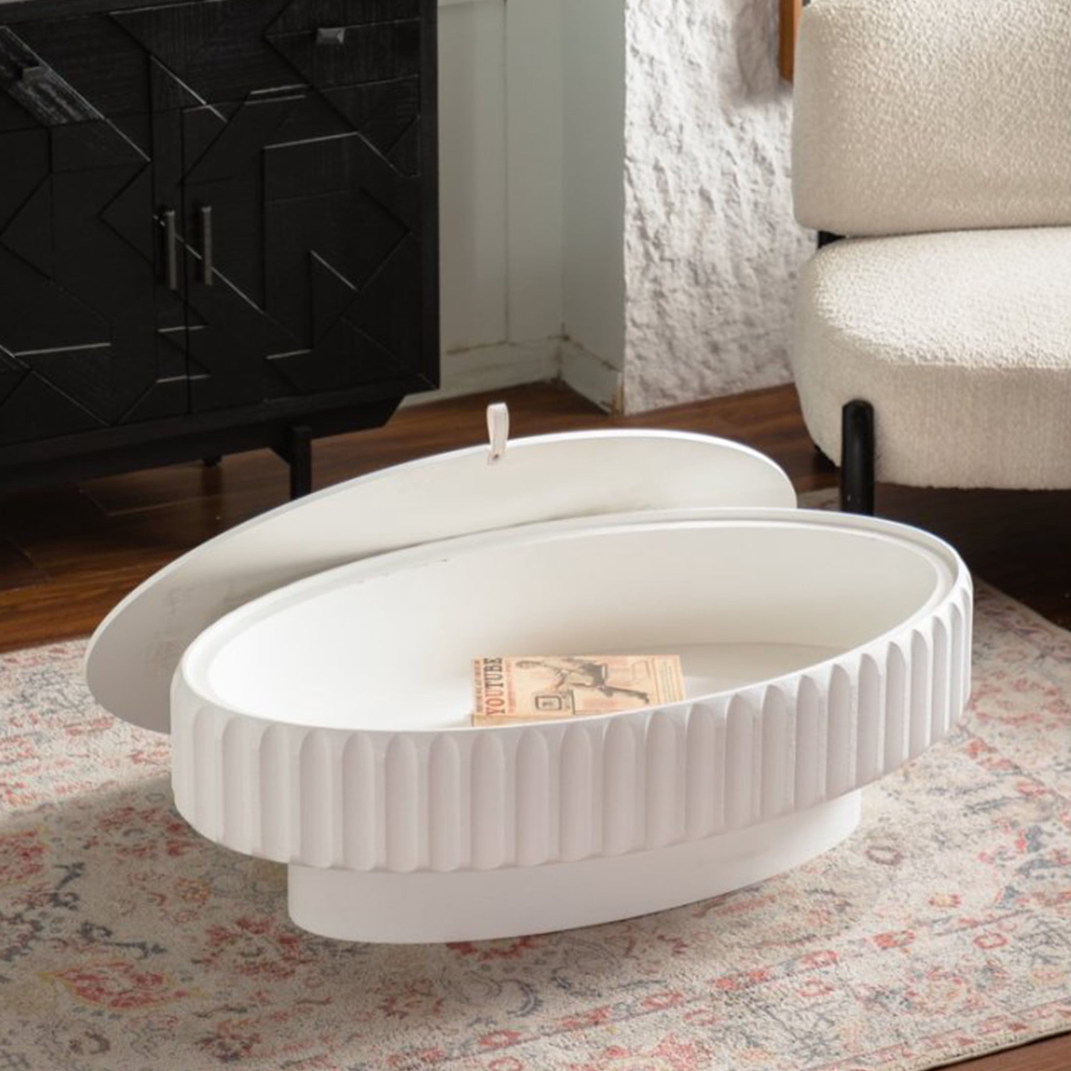 Noble House Haylie 31.5" Oval Fluted Storage Coffee Table with Lift-Top Lid, for Modern Living Room, Cream White