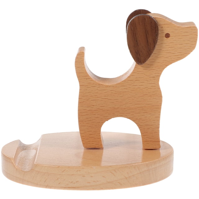 Soporte de madera para teléfono móvil con forma de perro, creativo, para escritorio (caqui)
