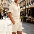 thumbnail image 6 of Bpyeka Men's Casual Two-Piece Set, Camp Collar Button-Down Shirt & Drawstring Shorts, Herringbone Jacquard Textured Co-Ord Outfit, S-2XL, 6 of 9