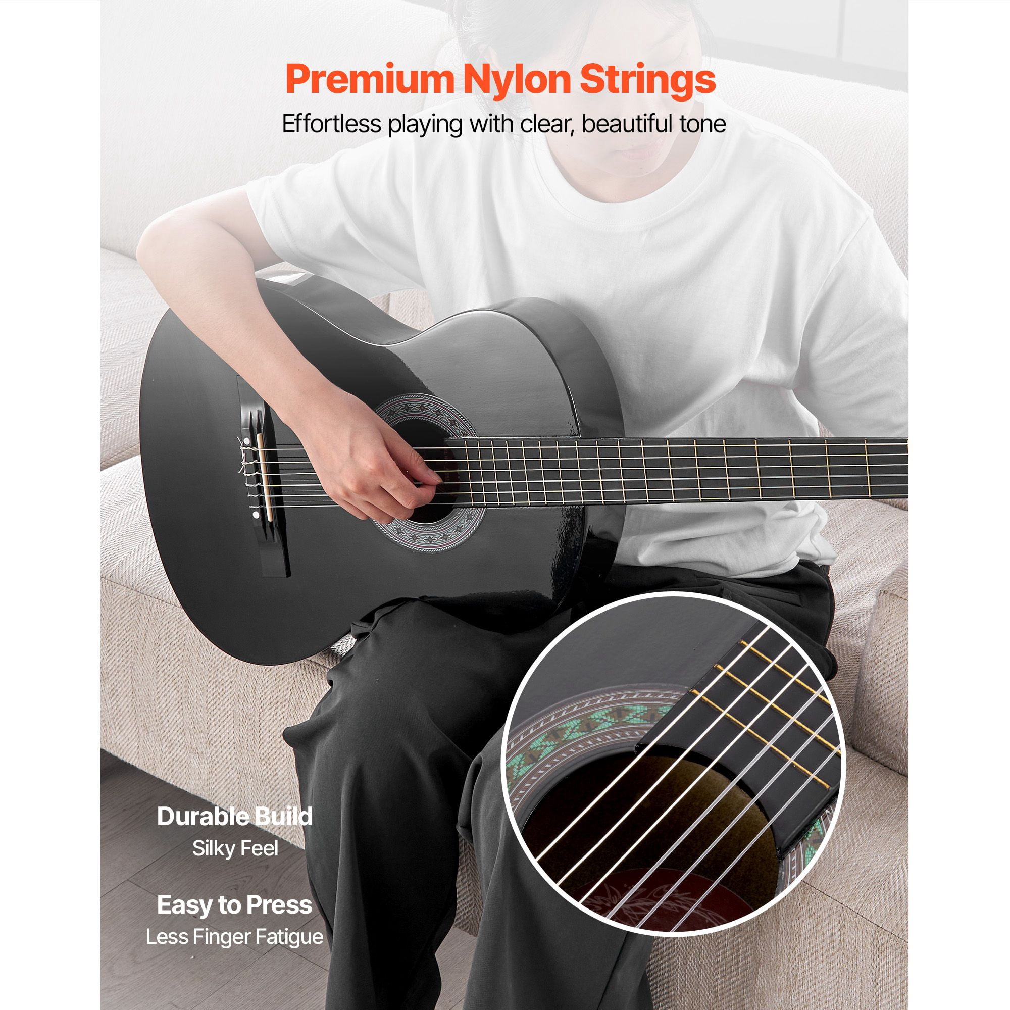 30 inch classical guitar starter kit, nylon strings, wooden, with guitar case, tuner, strap, black