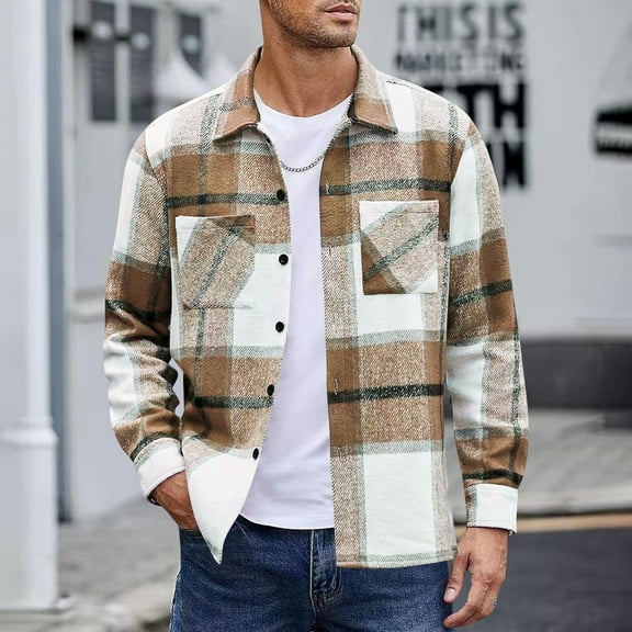Domuza Plaid Button Down Shirts Men Casual Long Sleeve Flannel Lapel Shirt Jacket Fall Winter Trendy Relaxed Fit Clothes with Breast Pocket Khaki M