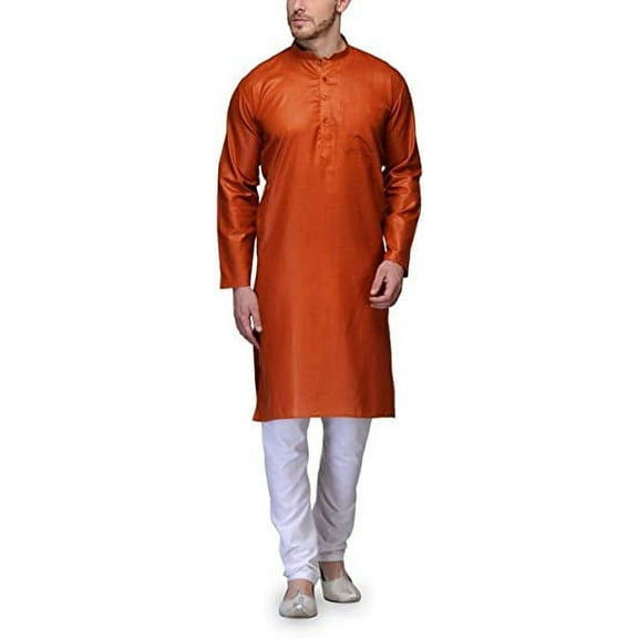 Royal Men's Cotton Blend Orange Kurta Pyjama Set