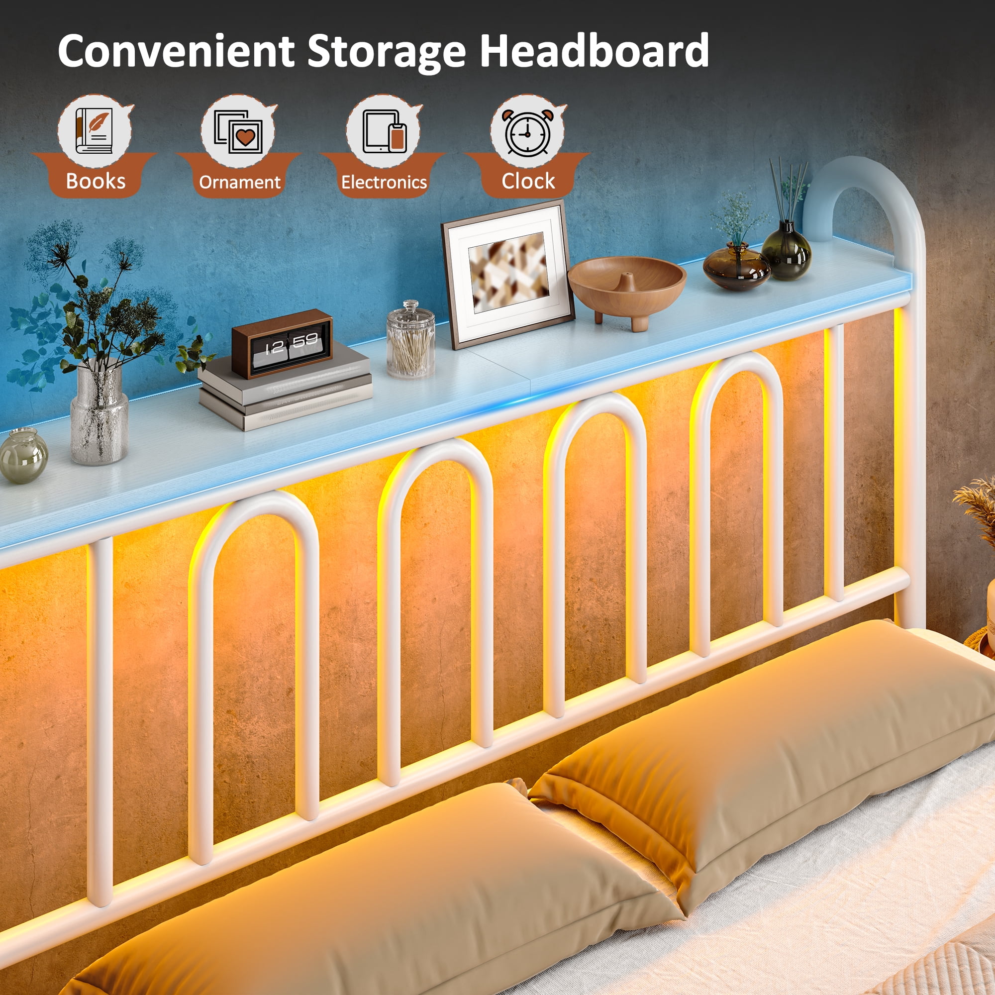 EnHomee Full Size Metal Platform Bed Frame with Headboard Metal Bed Frame with LED Lights Full Bed Frame with Underbed Storage,White