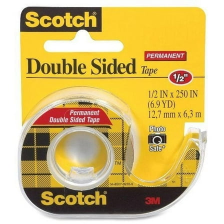 3M Double-Sided Tape with Dispenser, Permanent, 1/2 X 250 Inches, Clear, 12 Pack