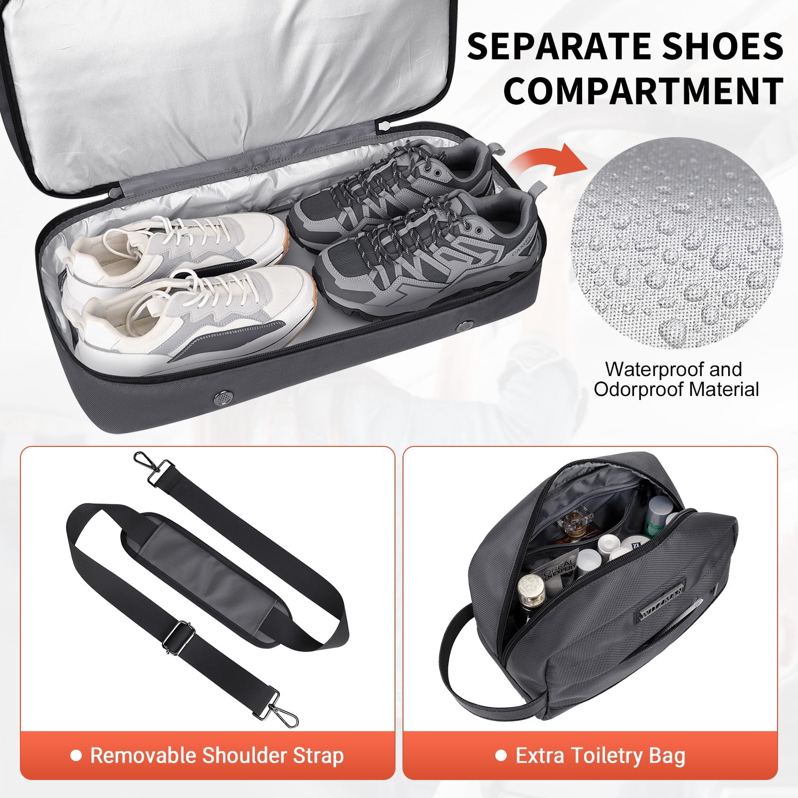 WITZMAN Weekender Bags for Men Women Carry on Duffle Overnight Bag with Toiletry Bag Sets Travel Duffel Bag Shoes Compartment（B694 Silvery Grey）